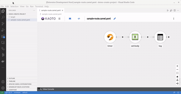 Video showing a VS Code workspace opened with a Camel route, calling command palette to create a Camel on SpringBoot project, then showing that the project is created and the route copied at correct place in the project